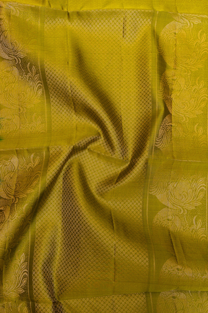 Bottle green and lime green pure soft silk saree
