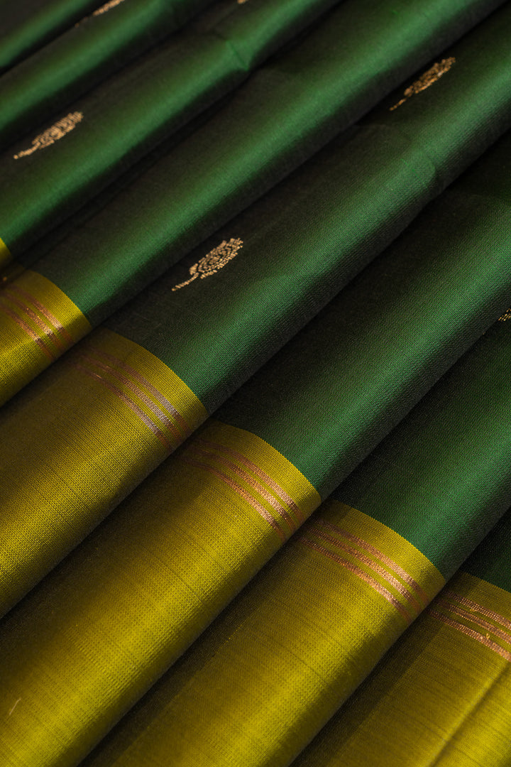 Bottle green and lime green pure soft silk saree