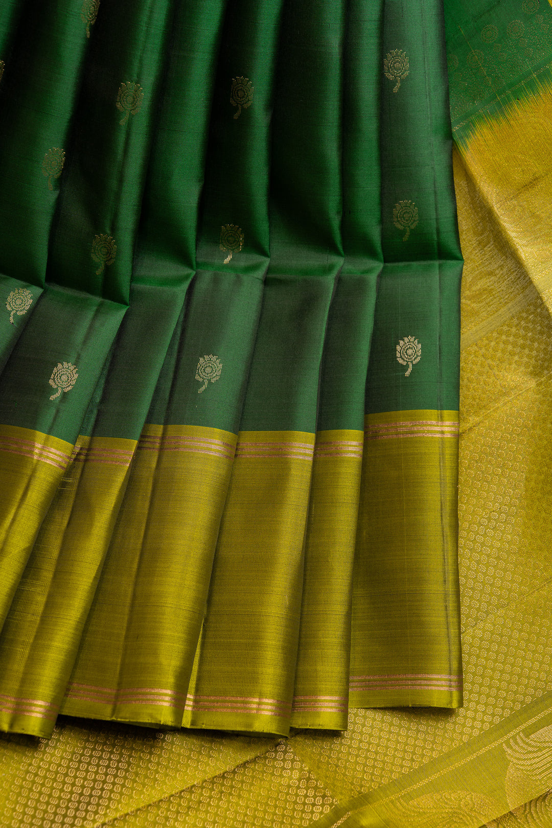 Bottle green and lime green pure soft silk saree