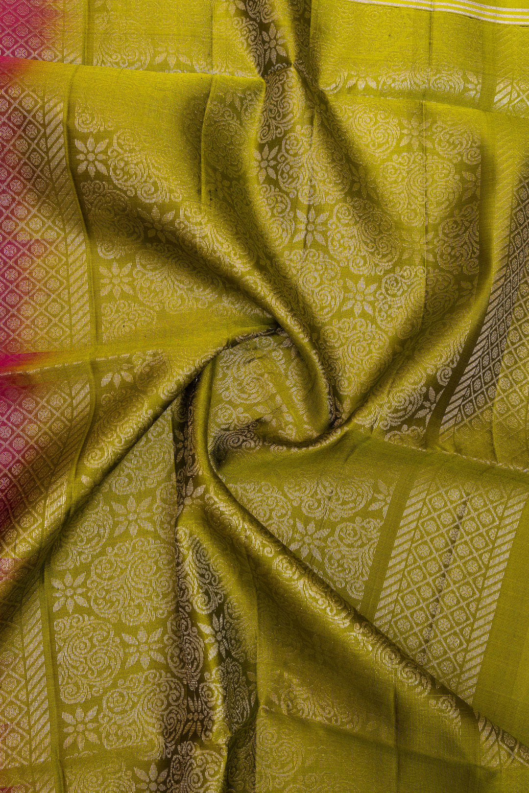 Magenta and lime green pure soft silk saree