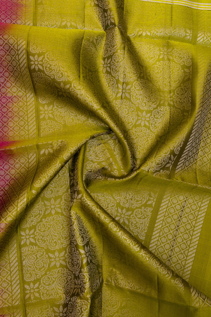 Magenta and lime green pure soft silk saree