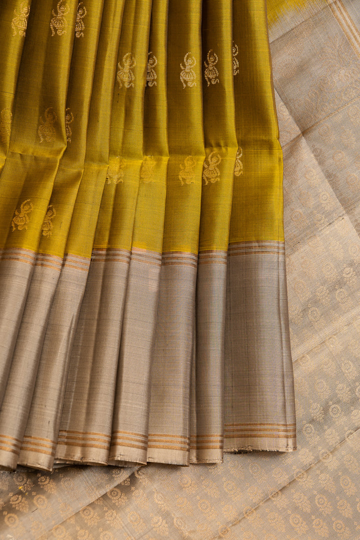 Mehendi green and silver pure soft silk saree