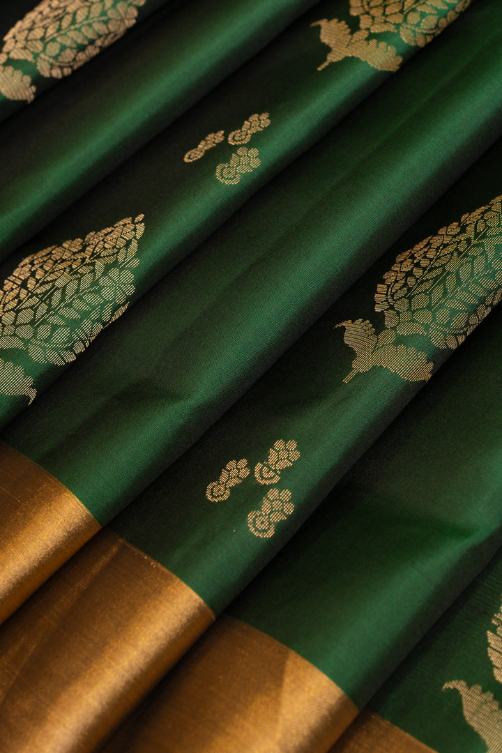 Bottle green and mustard pure soft silk saree