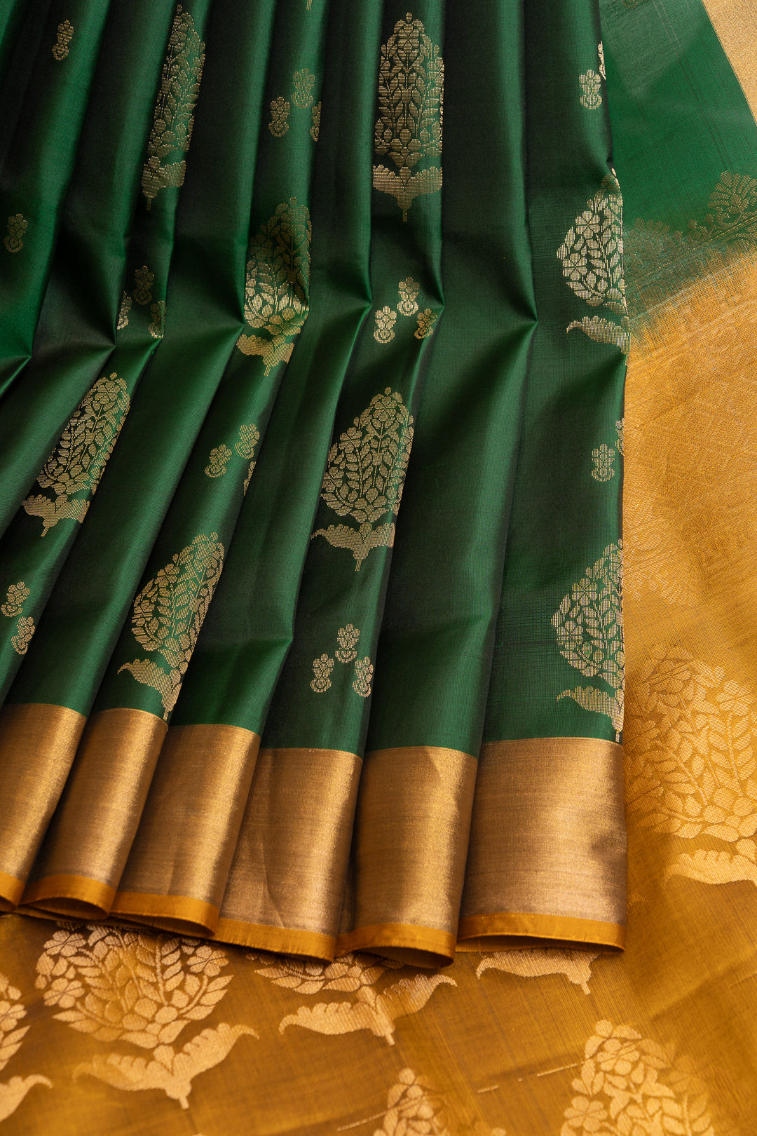 Bottle green and mustard pure soft silk saree