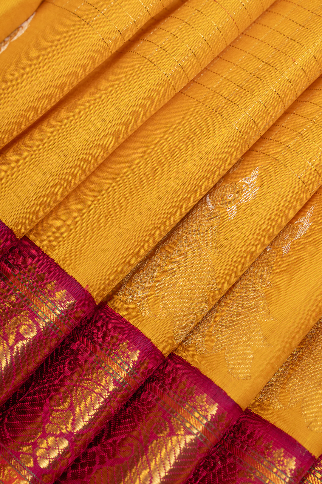Yellow and magenta Zari checks pure Kanchipuram silk sarees