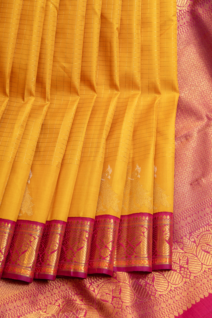 Yellow and magenta Zari checks pure Kanchipuram silk sarees