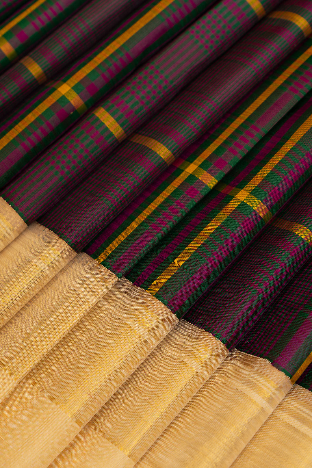 Purple and beige Multi checks pure Kanchipuram silk sarees