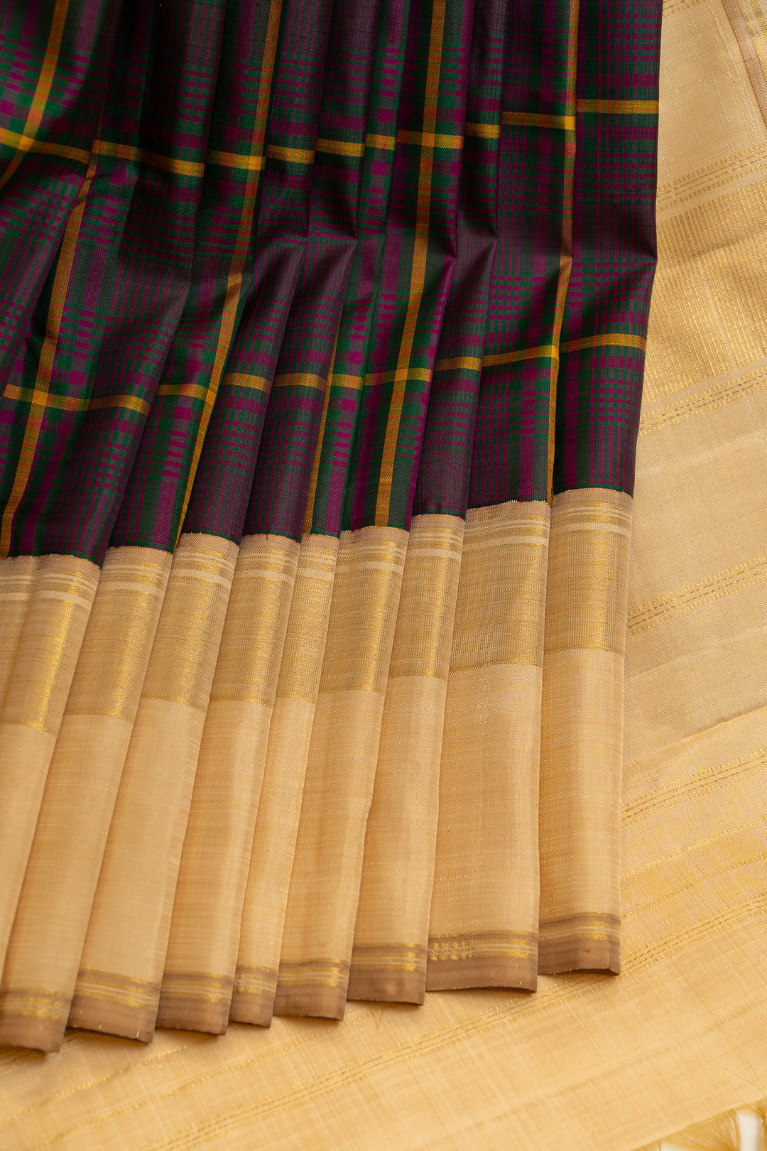 Purple and beige Multi checks pure Kanchipuram silk sarees