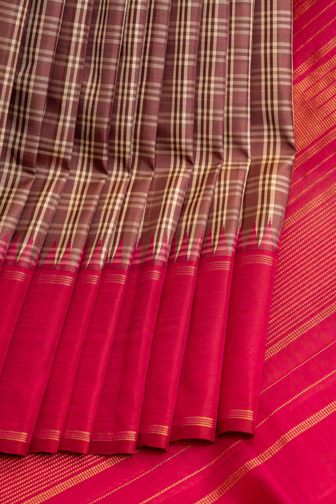 Brown and beige Multi checks pure Kanchipuram silk sarees