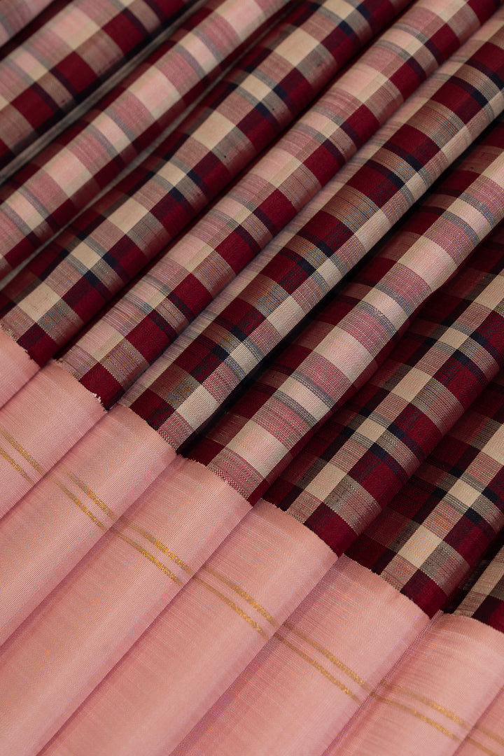 Maroon and pink multi checks pure Kanchipuram silk sarees
