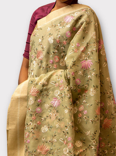 Pastel Green Floral Embroidered Banaras Sari - Clio Silks