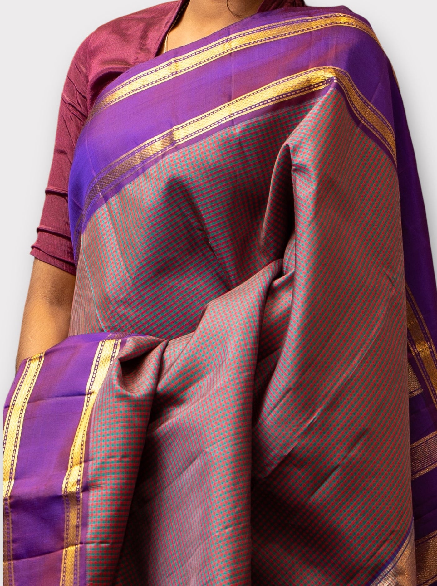 Red and Purple Podikattam Pure Kanchipuram Silk Saree - Clio Silks