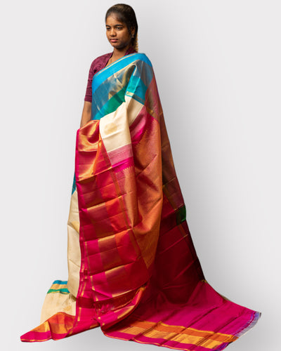 Off white Ganga Jamuna Pure Kanchipuram Silk Sari - Clio Silks