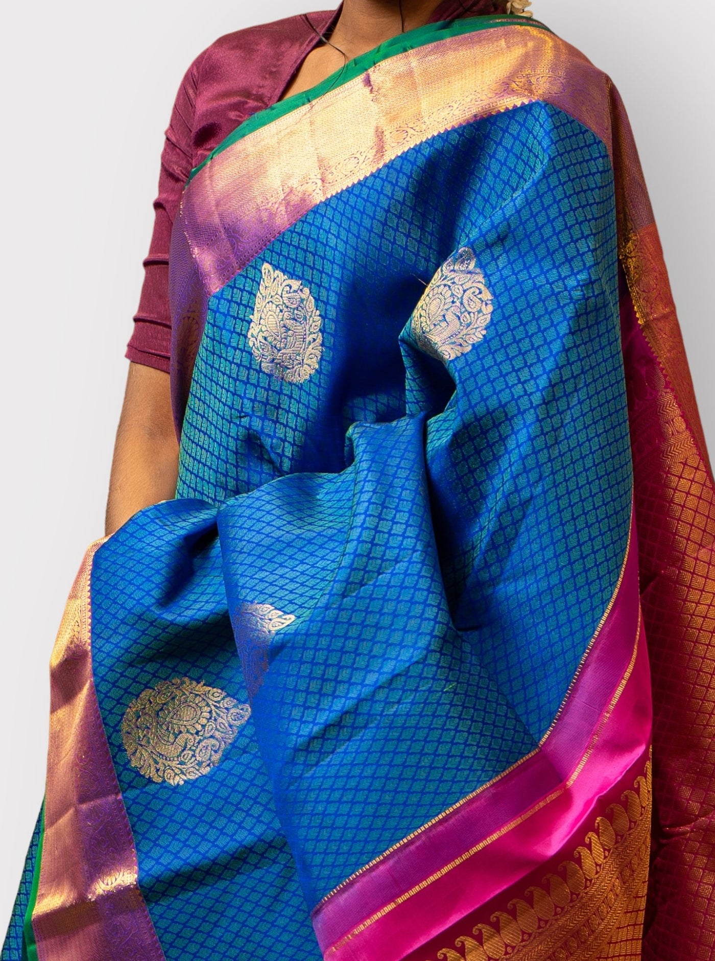 Peacock Blue Thread Brocade Pure Kanchipuram Silk Sari - Clio Silks
