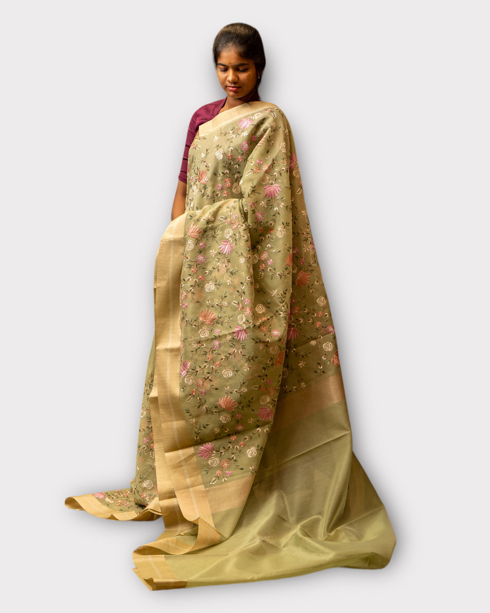 Pastel Green Floral Embroidered Banaras Sari - Clio Silks