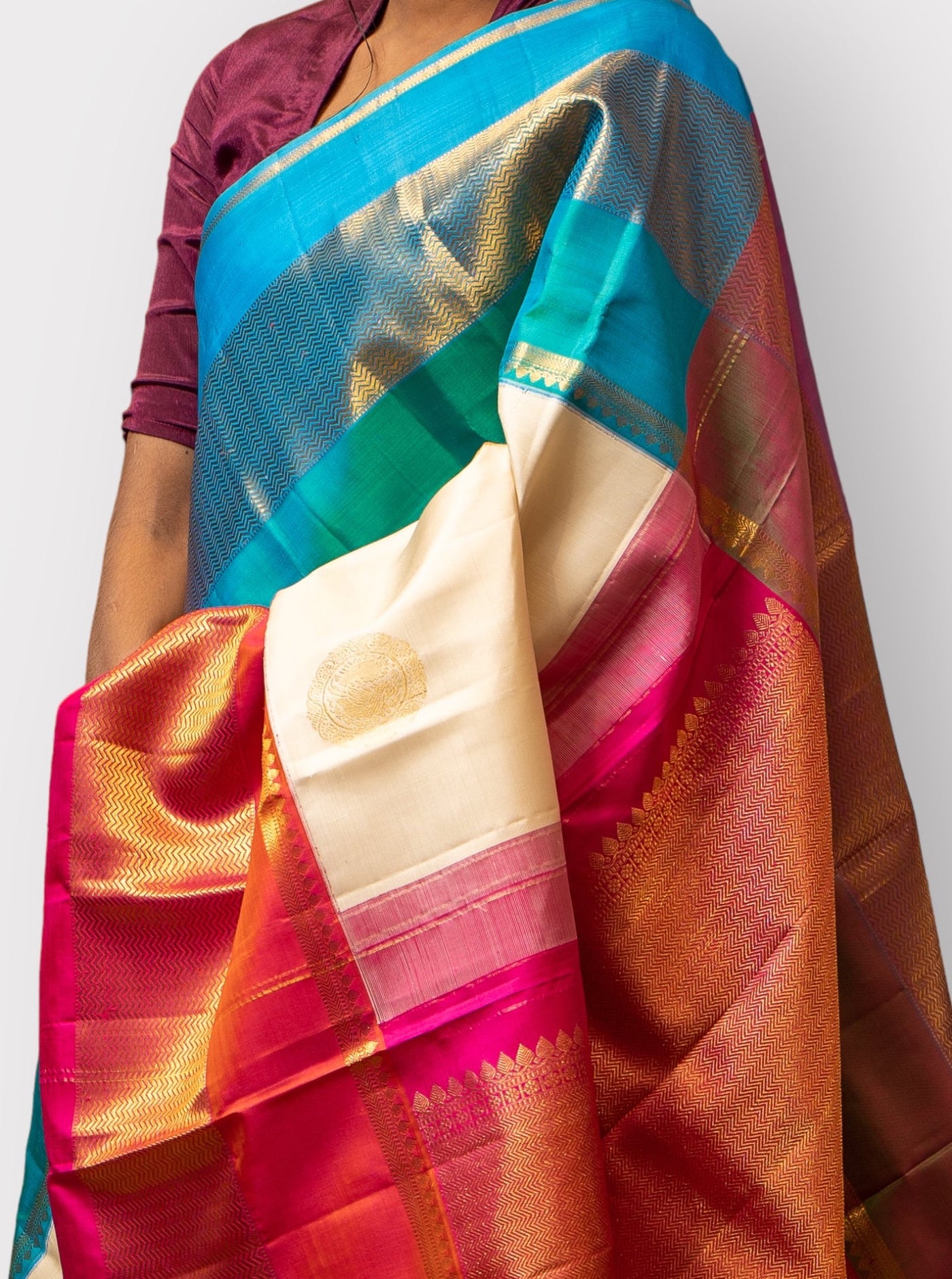 Off white Ganga Jamuna Pure Kanchipuram Silk Sari - Clio Silks