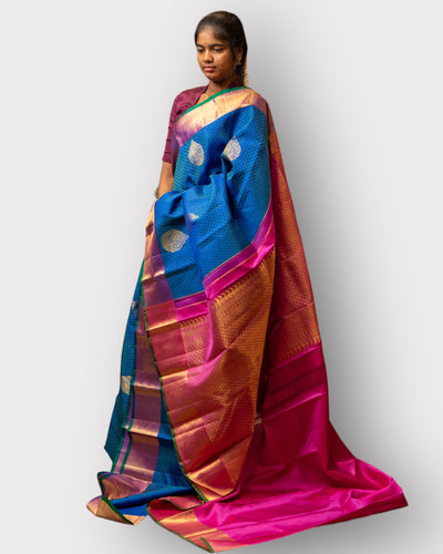 Peacock Blue Thread Brocade Pure Kanchipuram Silk Sari - Clio Silks
