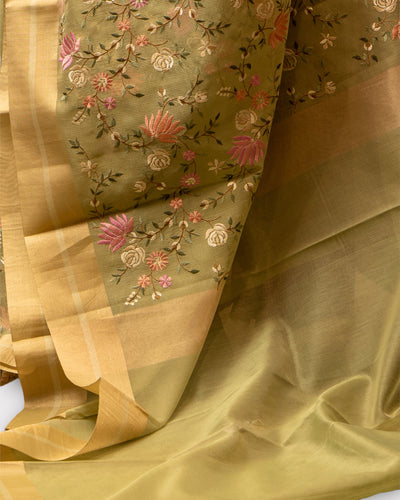 Pastel Green Floral Embroidered Banaras Sari - Clio Silks