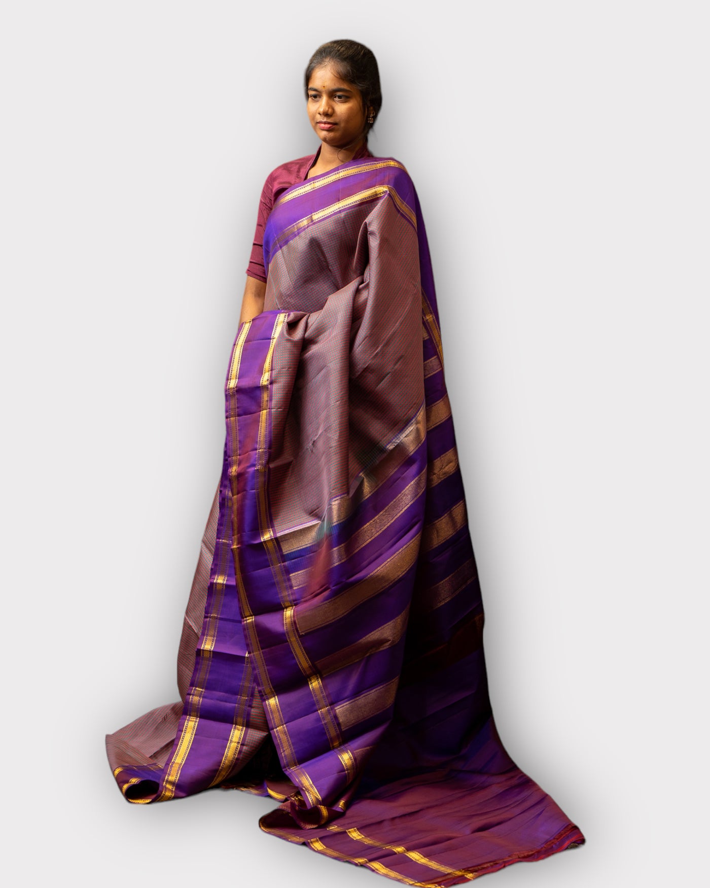 Red and Purple Podikattam Pure Kanchipuram Silk Saree - Clio Silks