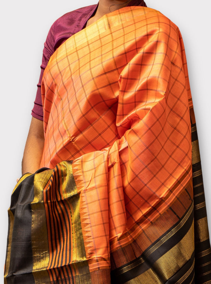 Peach and black korvai pure Kanchipuram Silk saree - Clio Silks