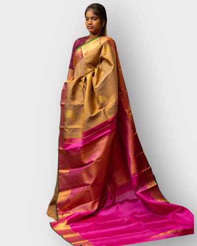 Beige Thread Brocade Kanchipuram Silk Sari - Clio Silks