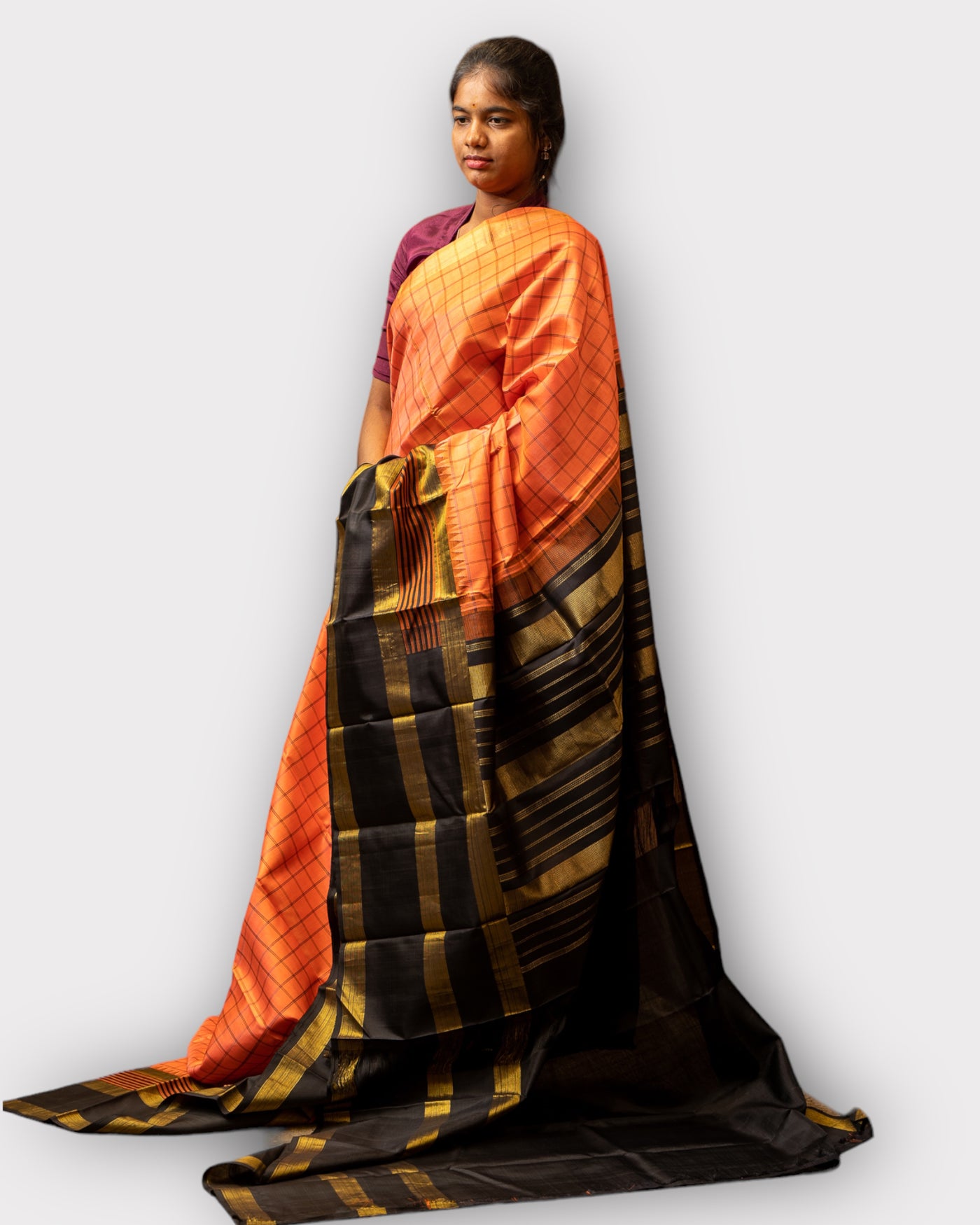 Peach and black korvai pure Kanchipuram Silk saree - Clio Silks