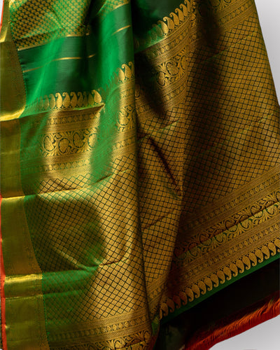 Leaf Green Thread Brocade Pure Kanchipuram Silk Saree - Clio Silks