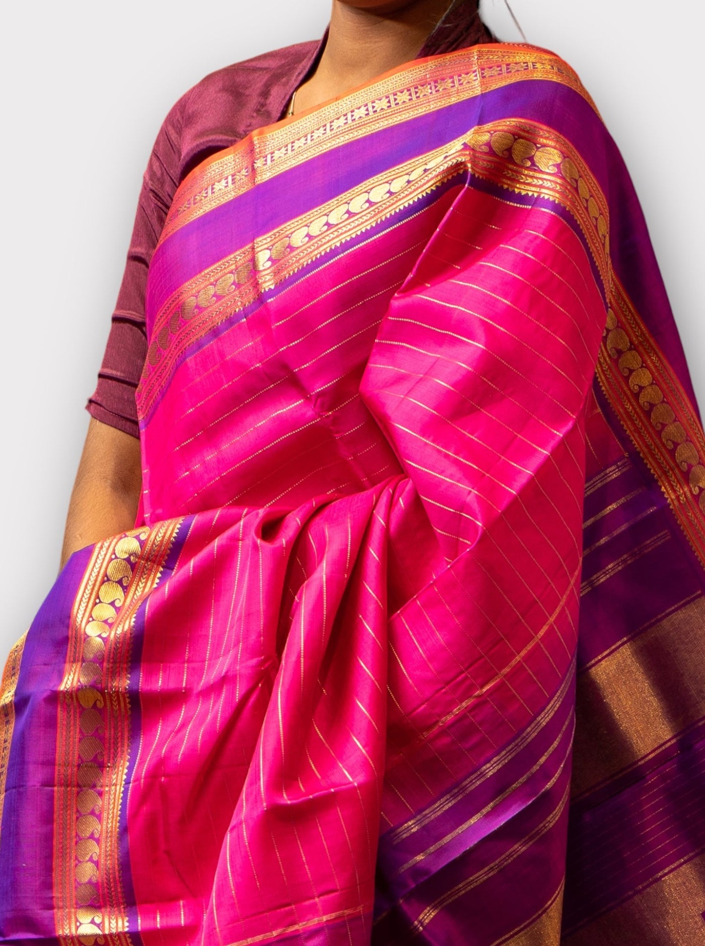 Magenta Zari stripes and Purple Rettai Pettu Pure Kanjivaram Silk Sari - Clio Silks