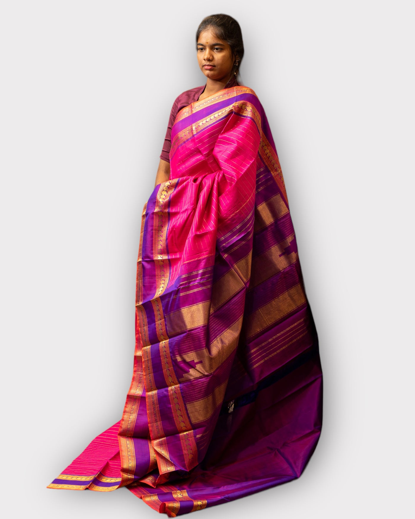 Magenta Zari stripes and Purple Rettai Pettu Pure Kanjivaram Silk Sari - Clio Silks