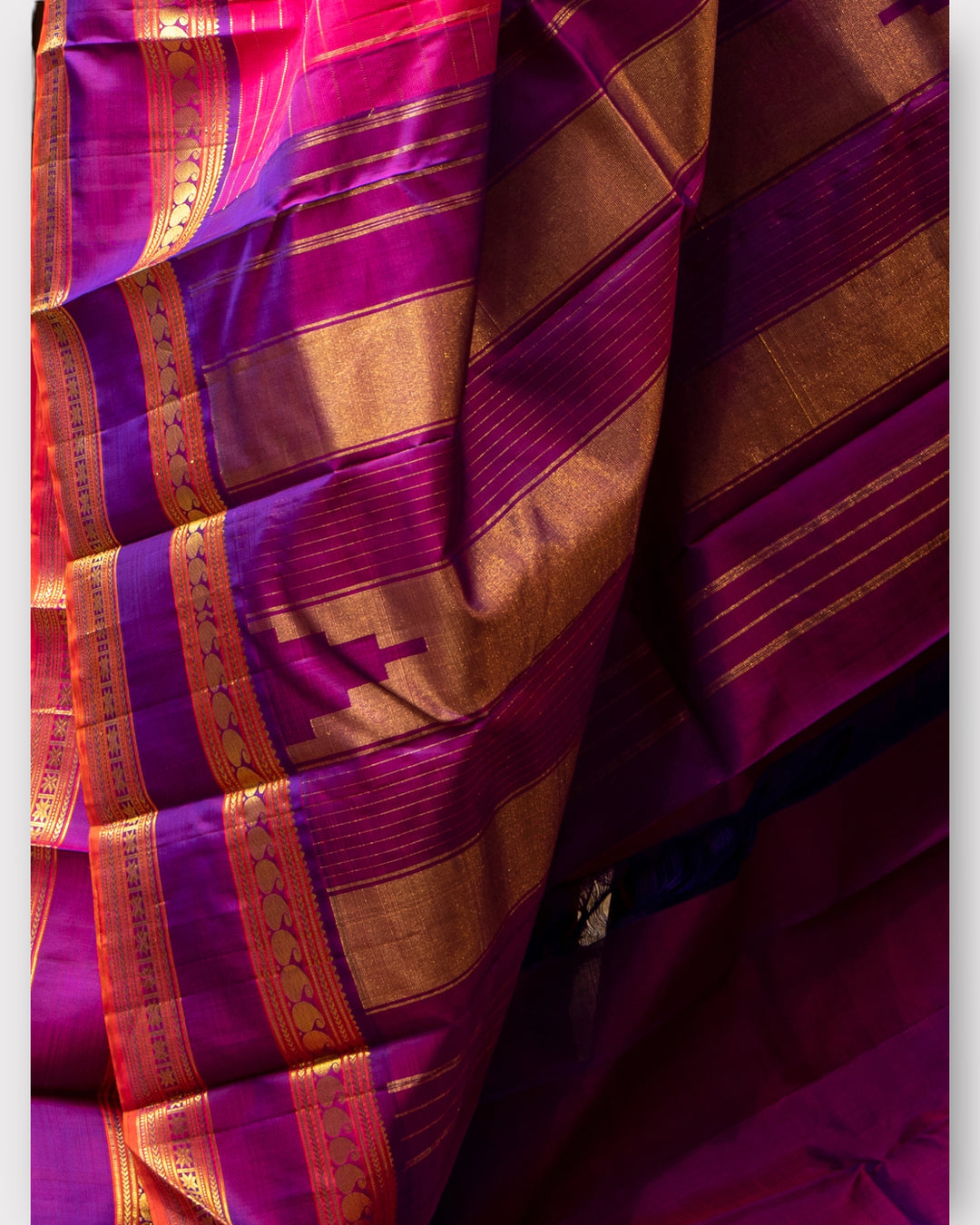 Magenta Zari stripes and Purple Rettai Pettu Pure Kanjivaram Silk Sari - Clio Silks