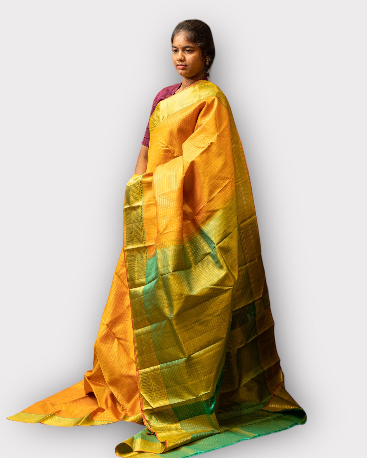 Mambalam Yellow and Green Vairaoosi Checks Pure Kanchipuram Silk Sari - Clio Silks