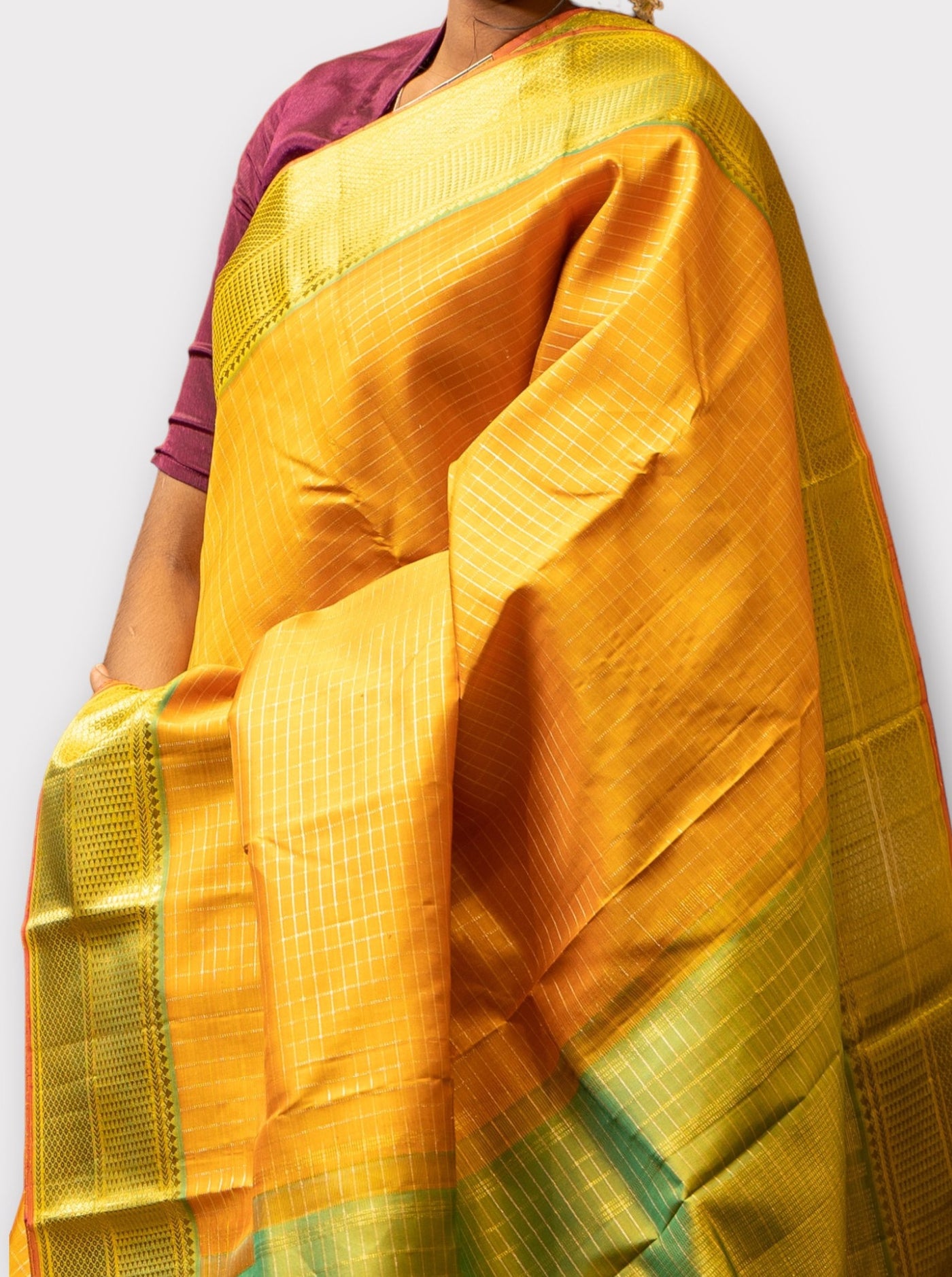 Mambalam Yellow and Green Vairaoosi Checks Pure Kanchipuram Silk Sari - Clio Silks