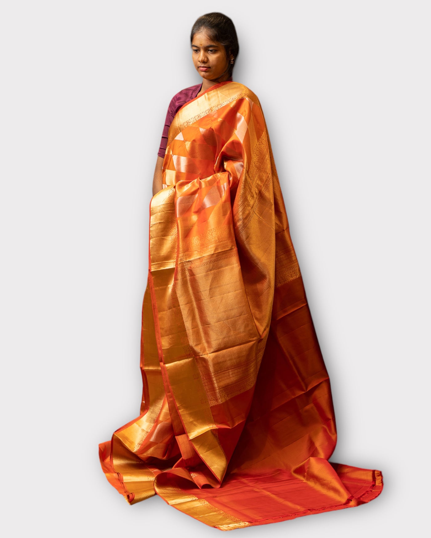 Sunset Orange Diamond Motifs Pure Soft Silk Sari - Clio Silks