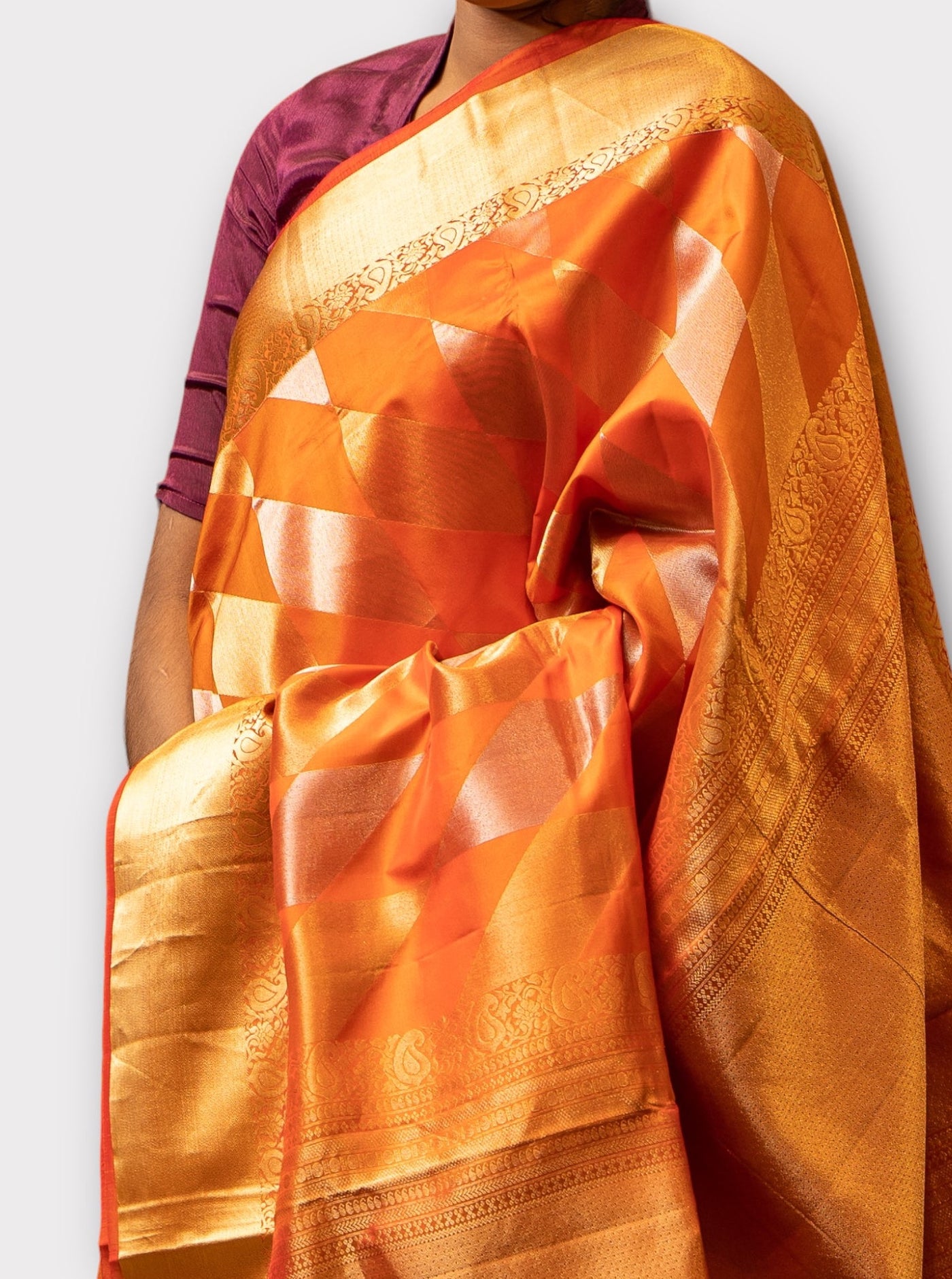 Sunset Orange Diamond Motifs Pure Soft Silk Sari - Clio Silks