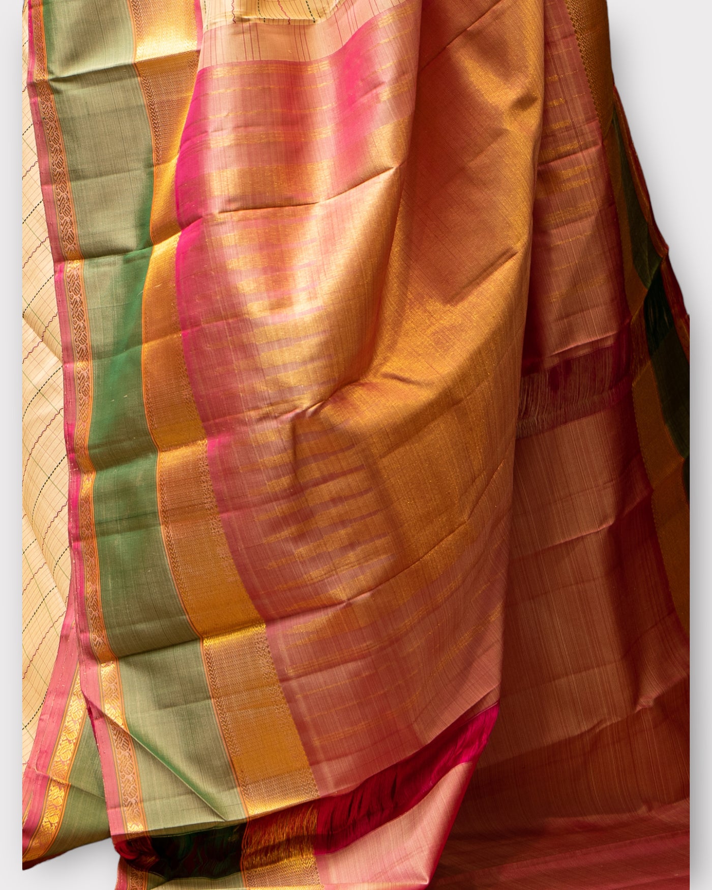 Cream Neli stripes and Checks Pure Kanjivaram Silk Saree - Clio Silks