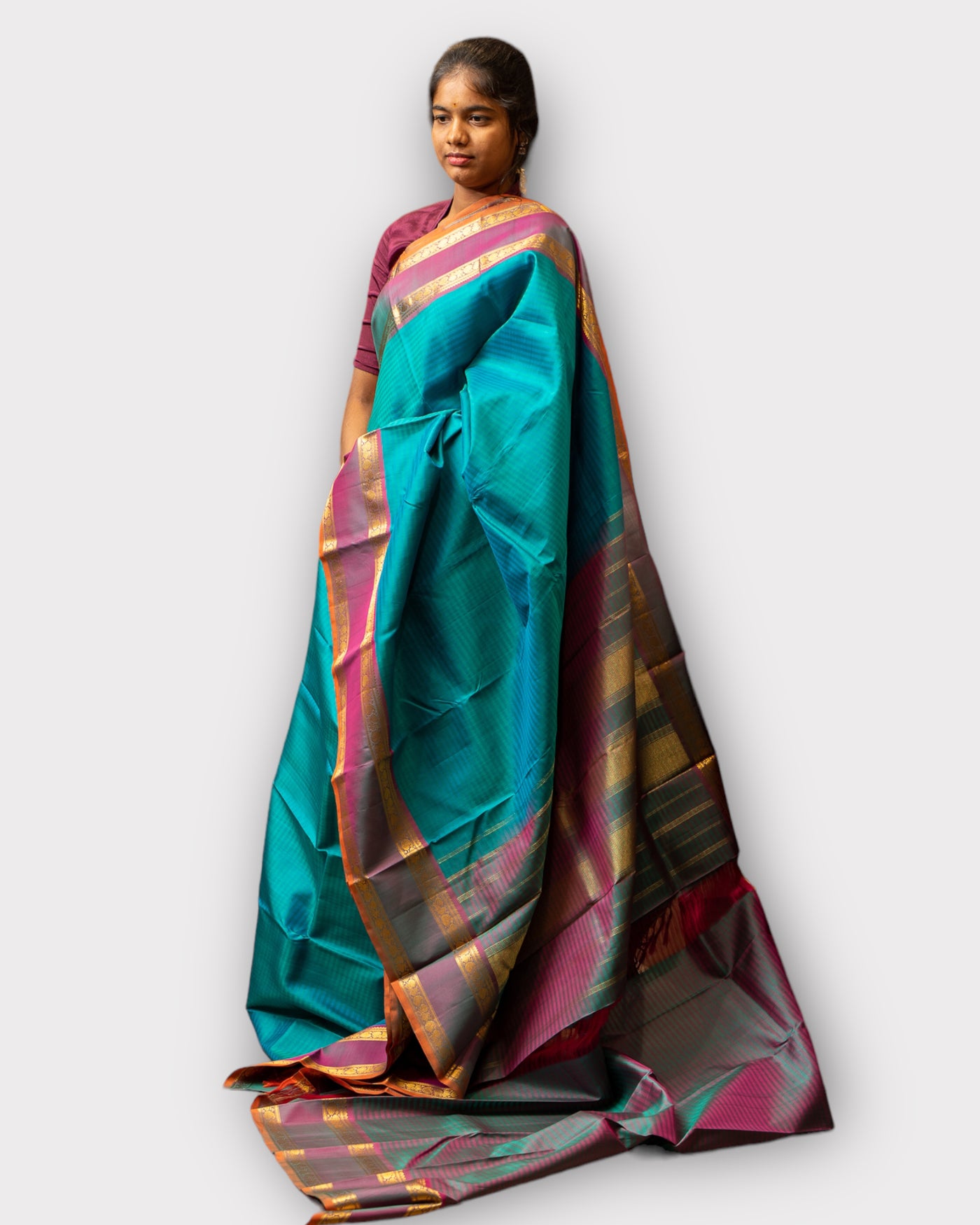 Peacock Blue Pattu Stripes Pure Kanjeevaram Silk Saree - Clio Silks