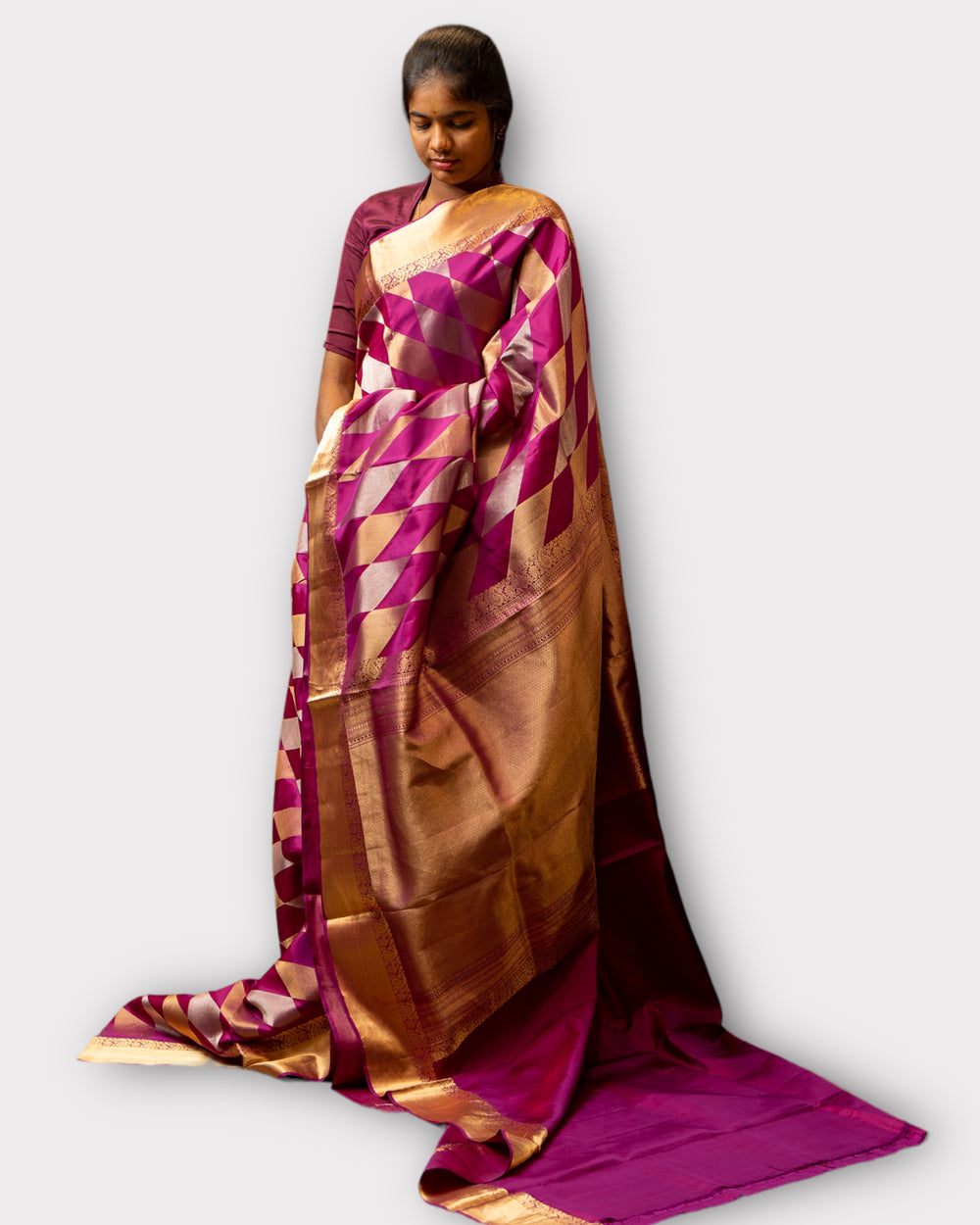 Persian Purple Diamond Motifs Pure soft Silk sari - Clio Silks