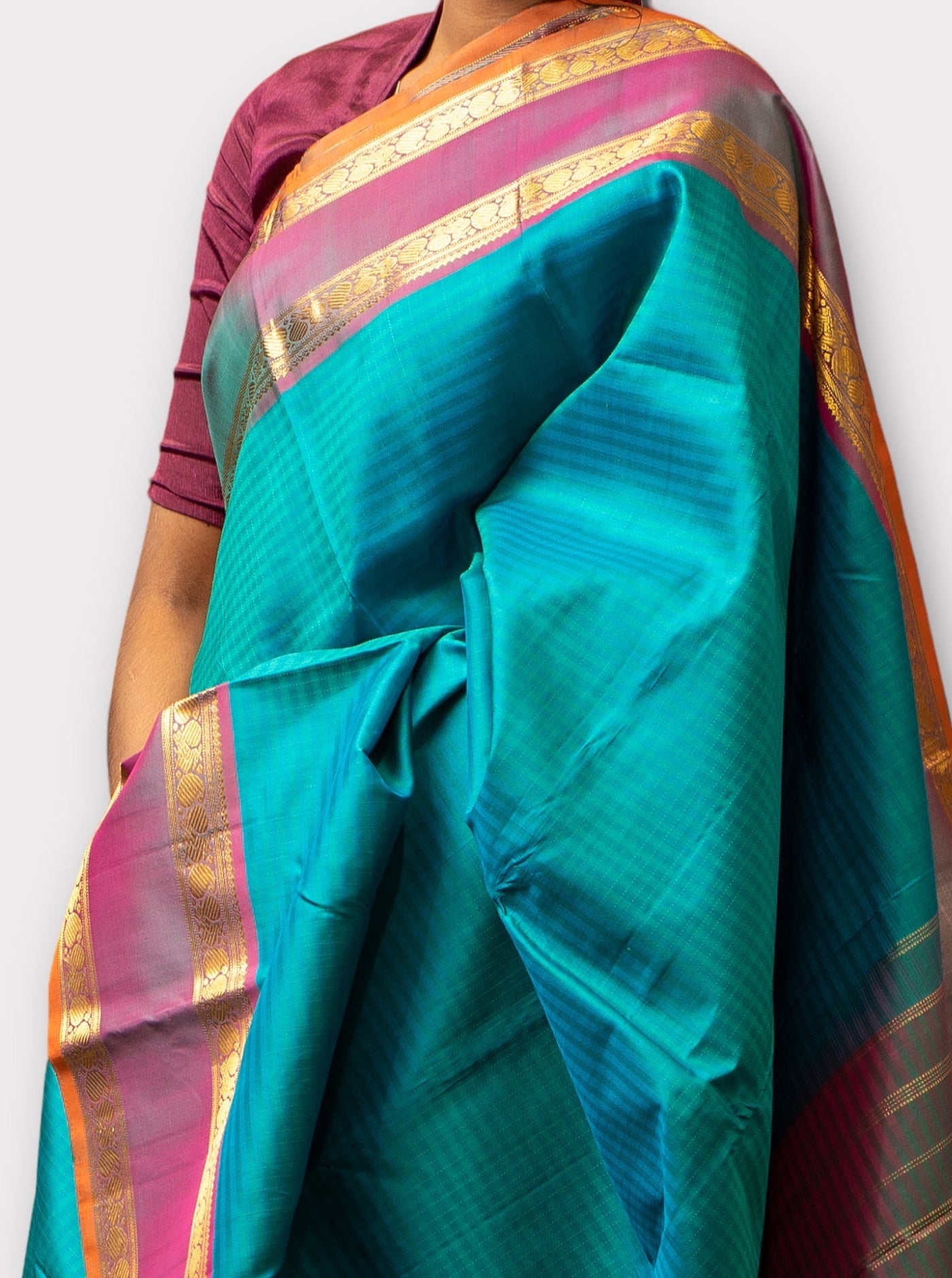 Peacock Blue Pattu Stripes Rettai Pettu Pure Kanchipuram Silk Saree - Clio Silks