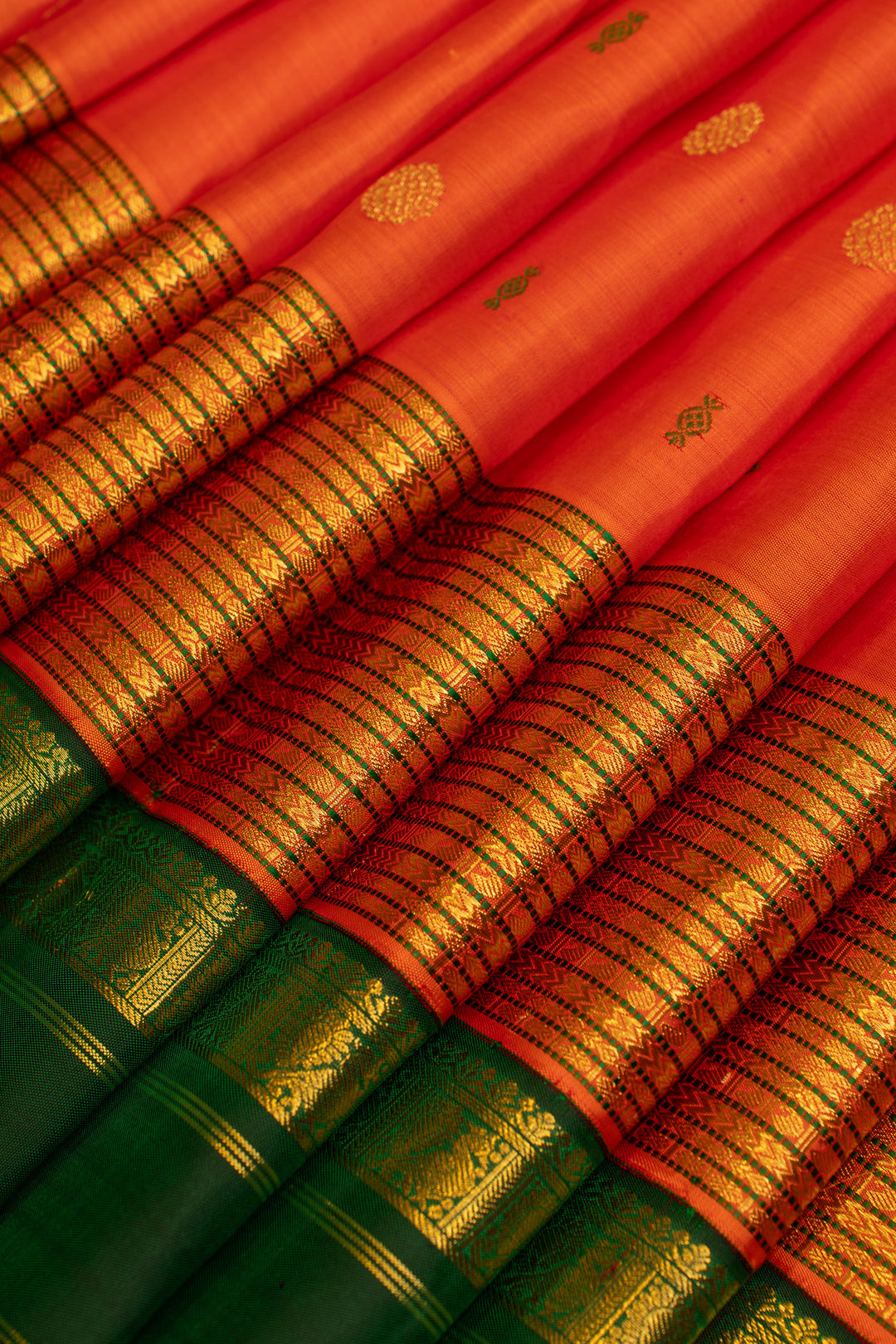 Orange and green traditional pure Kanchipuram silk saree