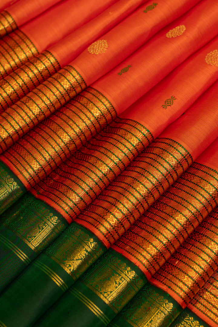 Orange and green traditional pure Kanchipuram silk saree