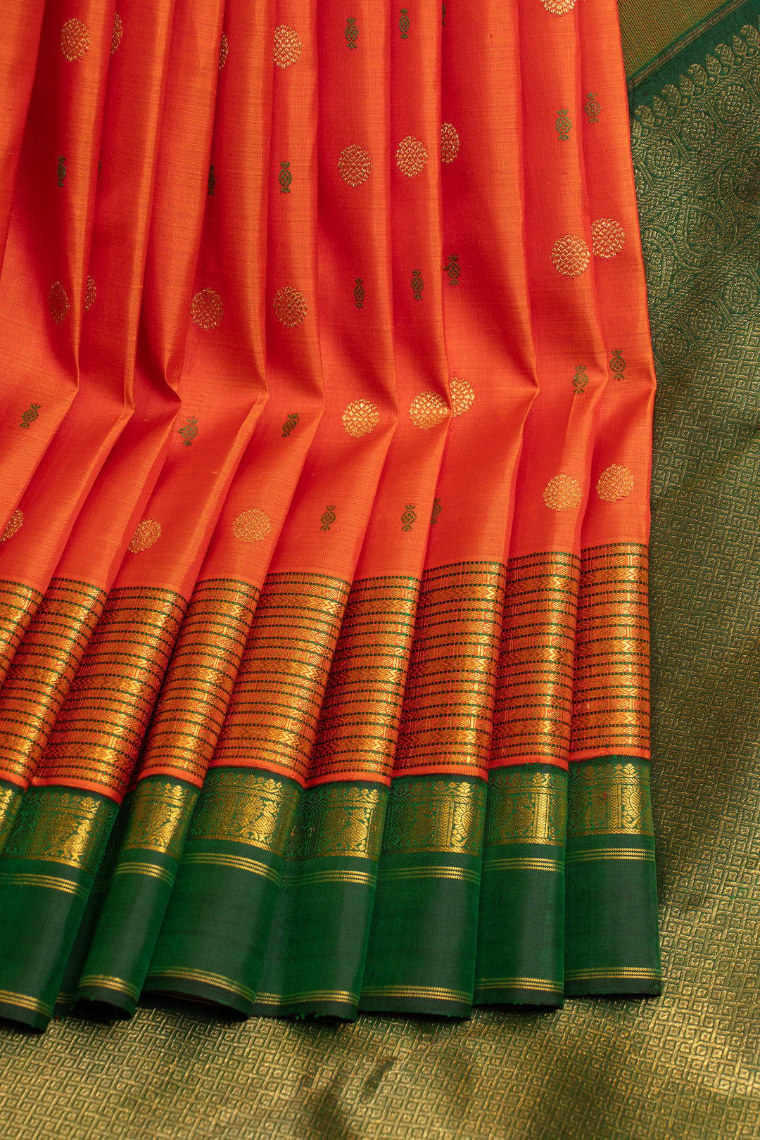 Orange and green traditional pure Kanchipuram silk saree
