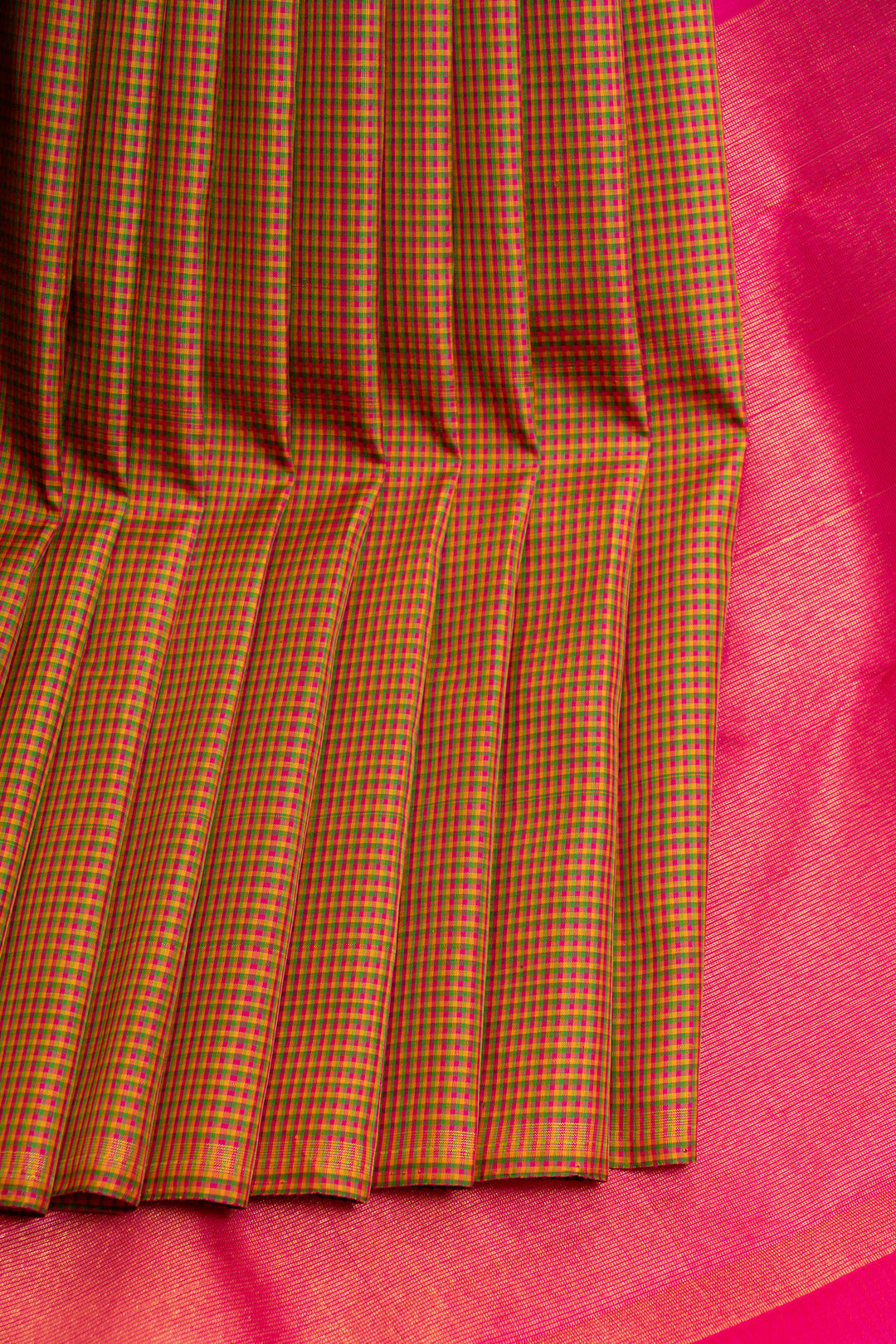 Palum pazhamum multi checks borderless pure Kanchipuram silk saree