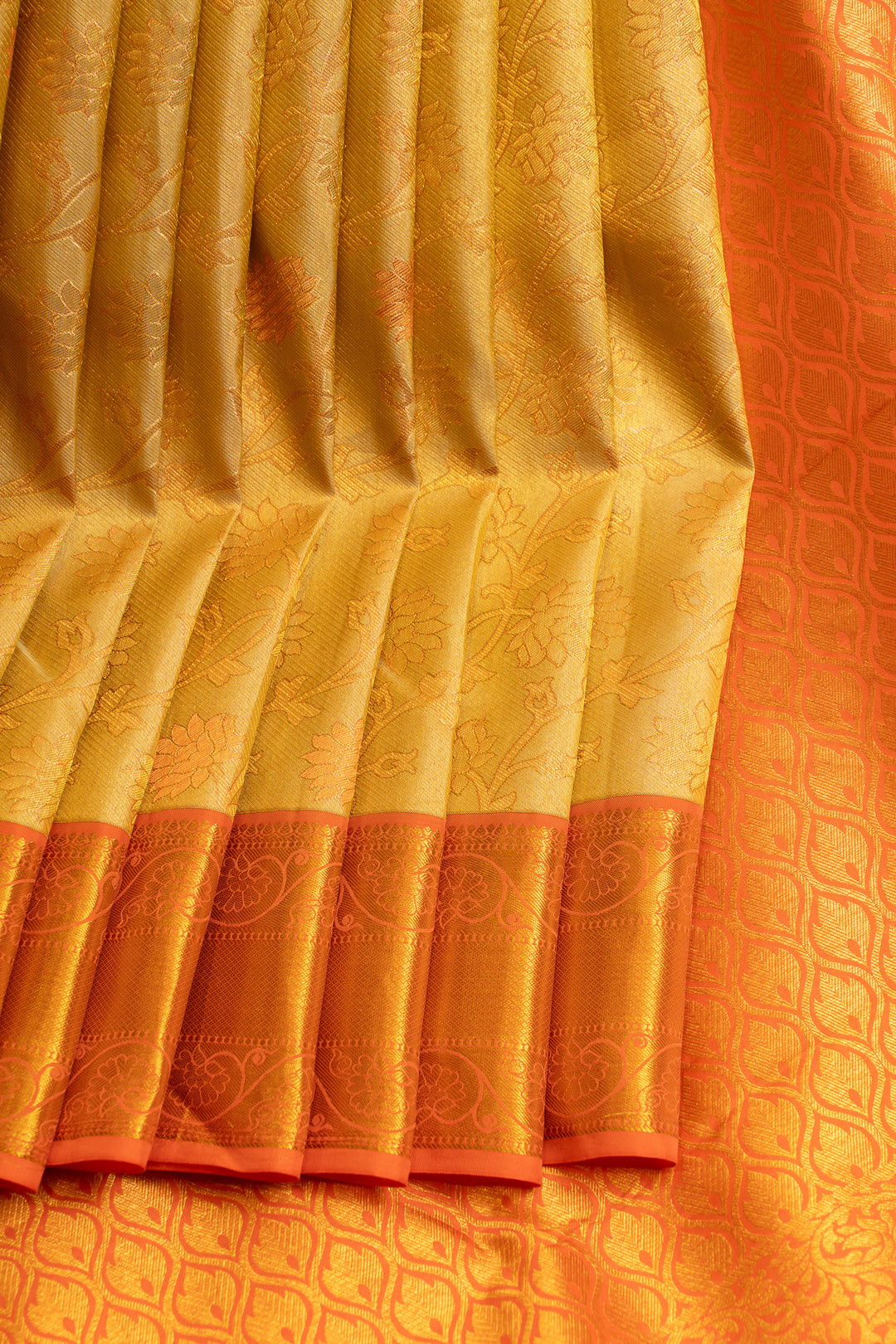 Golden yellow and peach brocade pure Kanchipuram silk saree
