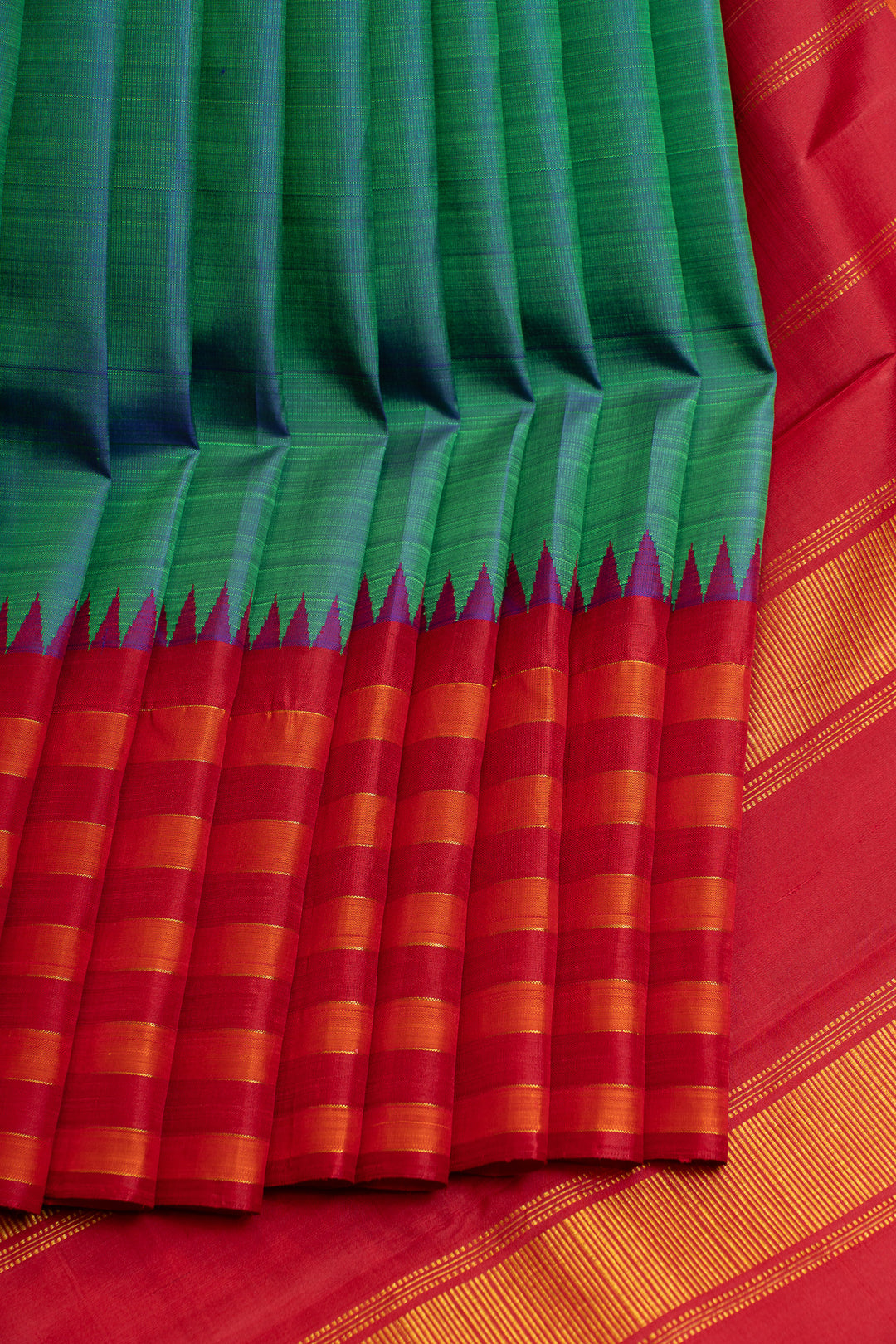 Peacock green and red pure Kanchipuram silk saree