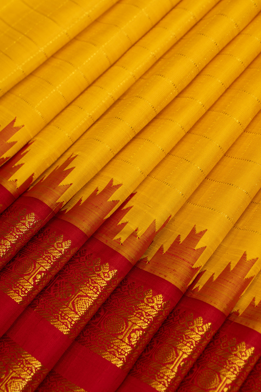 Yellow and red zari checks pure Kanchipuram silk saree