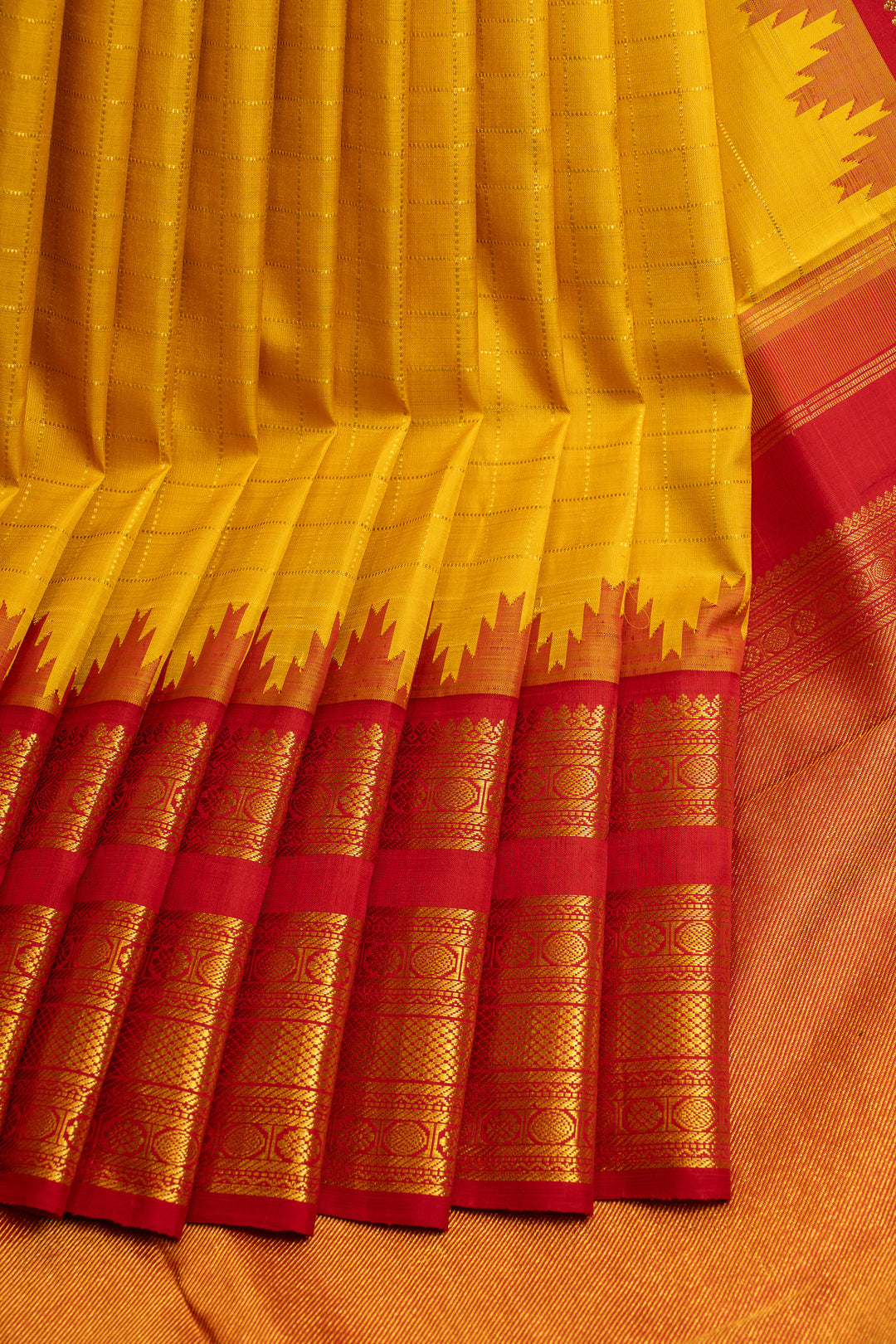 Yellow and red zari checks pure Kanchipuram silk saree