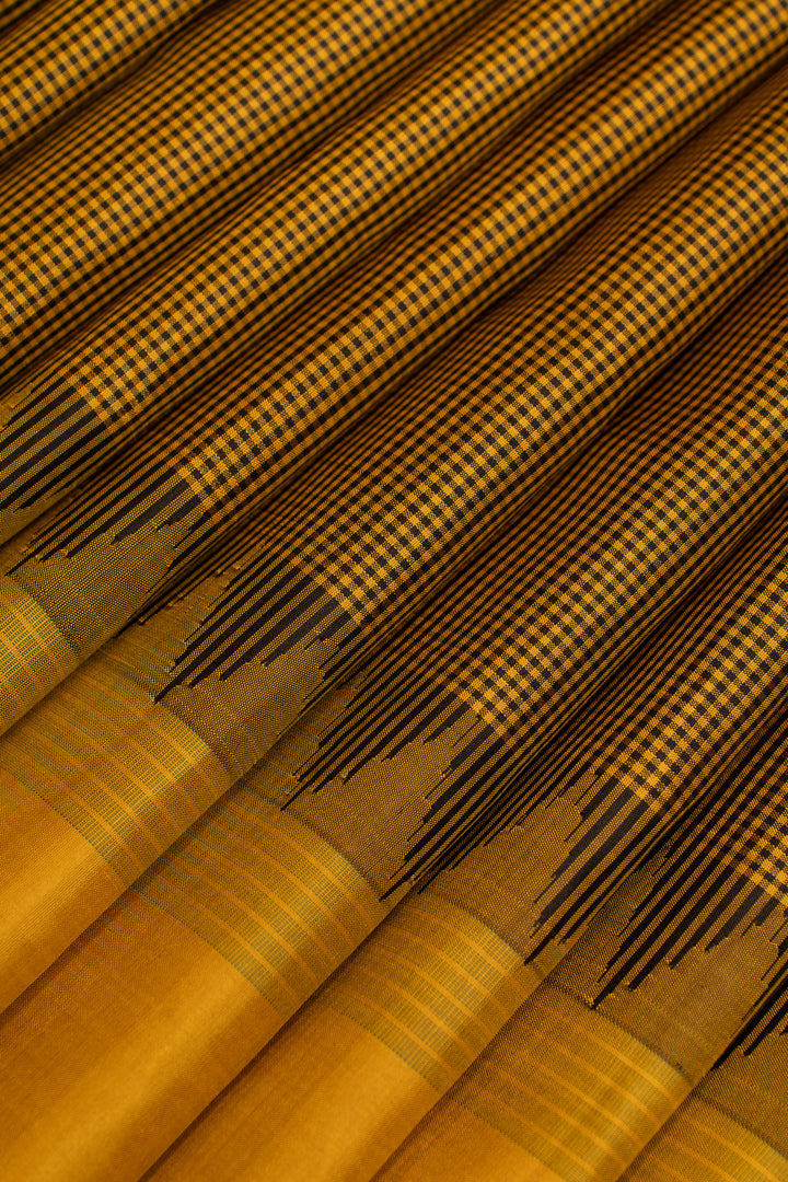 Green and mustard checks pure Kanchipuram silk saree