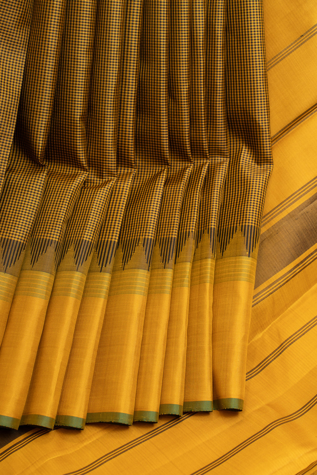 Green and mustard checks pure Kanchipuram silk saree