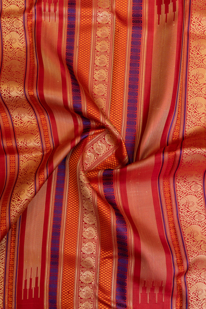 Lotus pink and red threadwork pure Kanchipuram silk saree