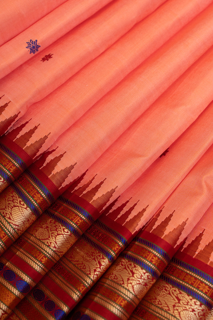 Lotus pink and red threadwork pure Kanchipuram silk saree